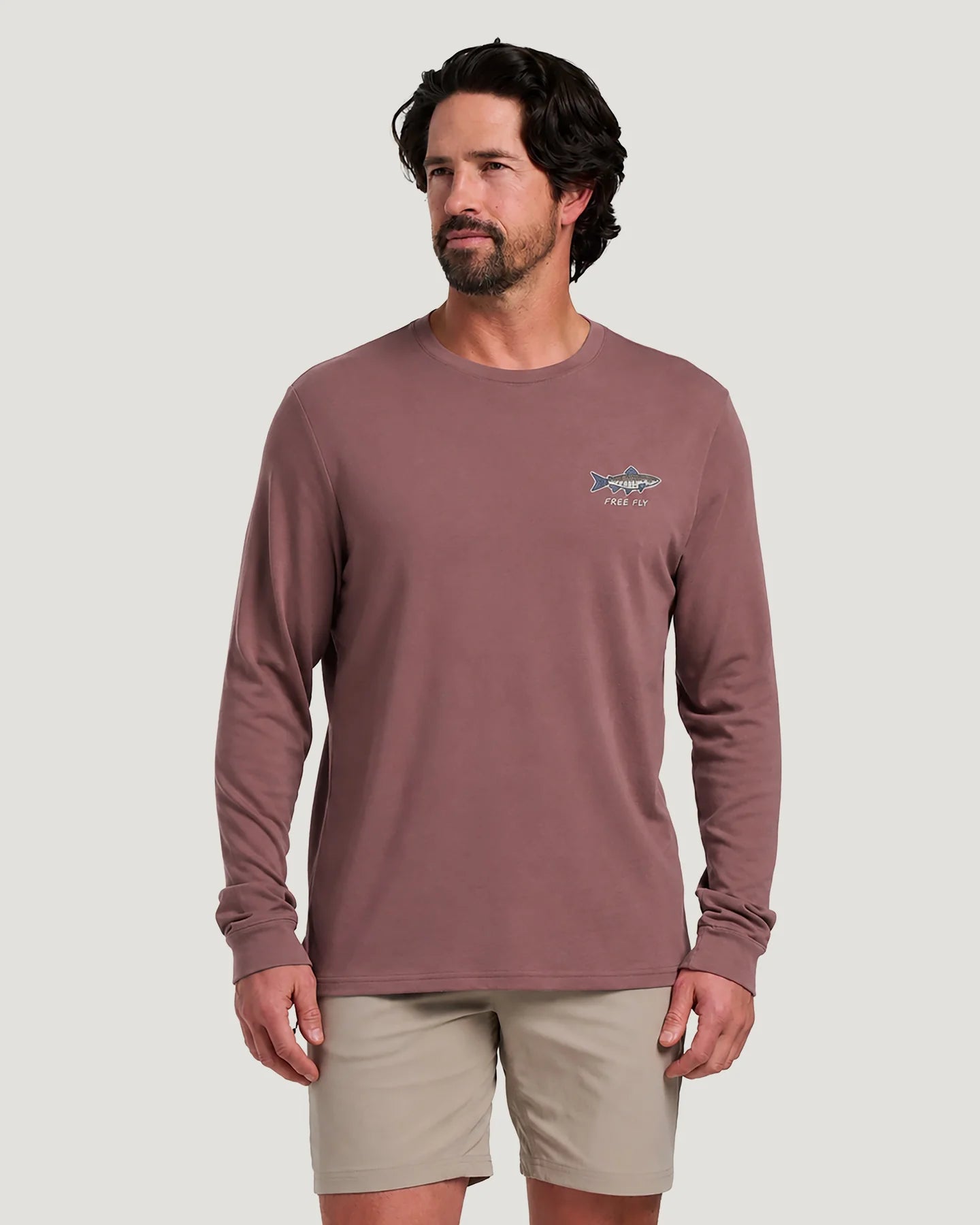 Free Fly Osprey Catch Long Sleeve Man wearing a maroon long-sleeve shirt with a logo on a light gray background
