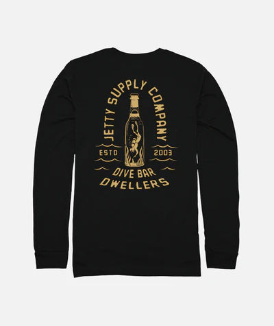 Jetty Long Sleeve Black long-sleeve shirt with yellow graphic and text on a light gray background