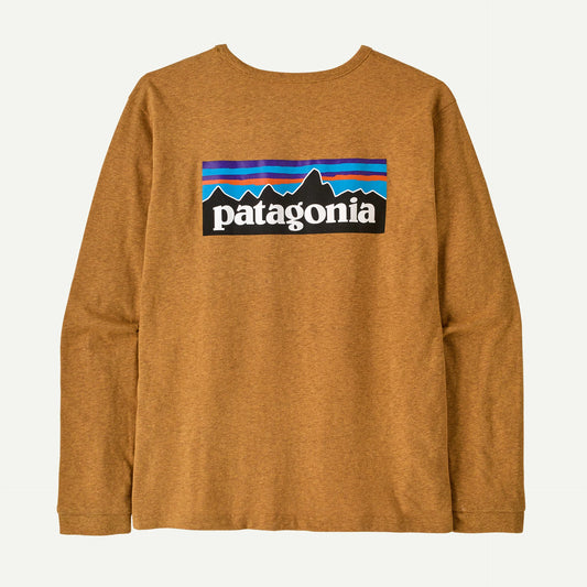 A mango coloured long sleeve t shirt with the patagonia logo on it in a white background