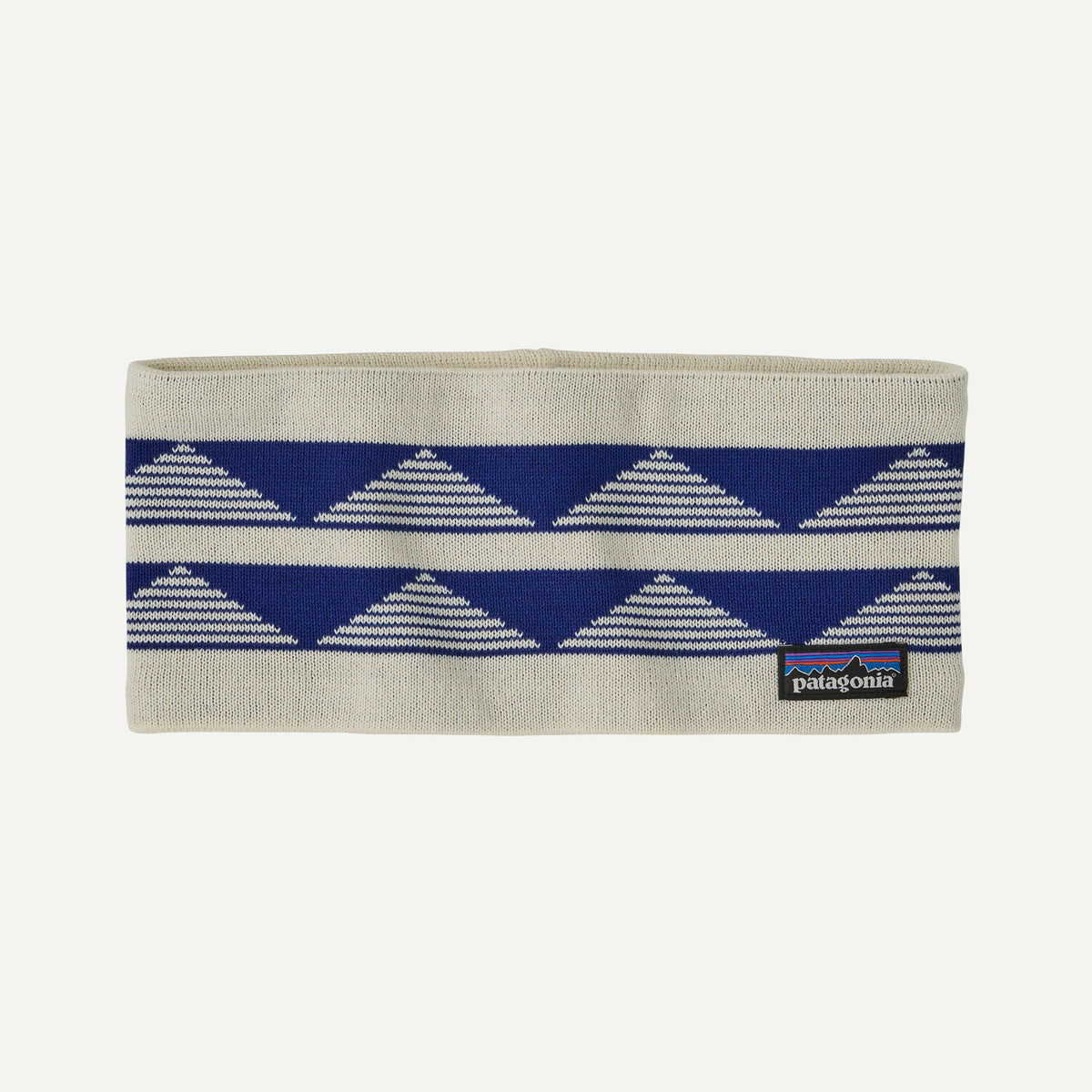 A blue and white printed headband on a white background.