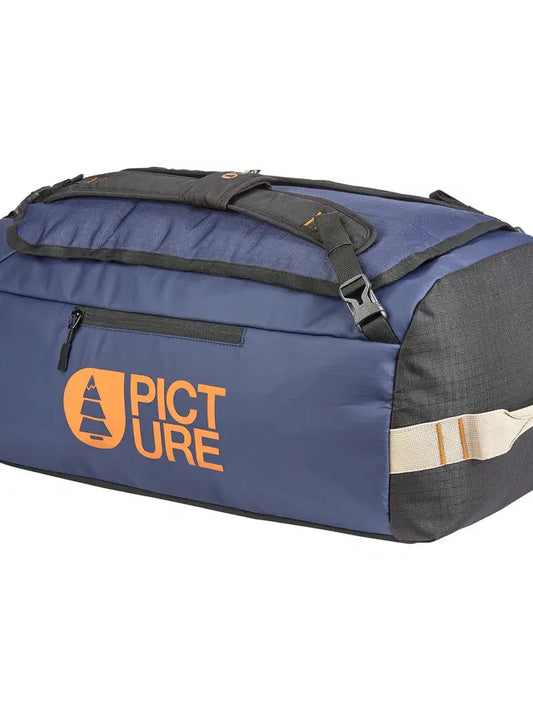 Picture Organic Wildpath 40L Duffle A blue and dark gray duffel bag with an orange 'PICTURE' logo on the front, featuring a zippered pocket and top carry handles, set against a plain white background.