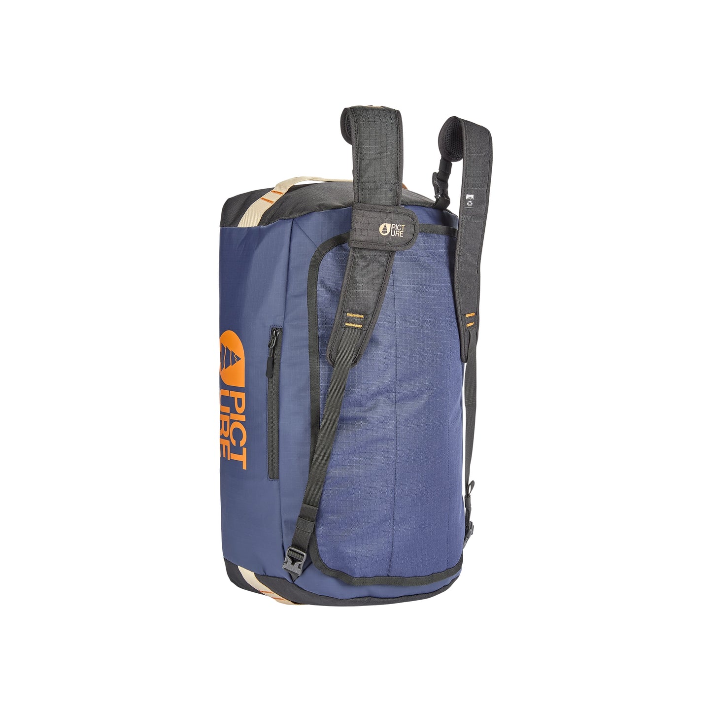 Picture Organic Wildpath 40L Duffle A blue dry backpack with black straps and trim, featuring an orange and black RST logo on the side, shown against a plain white background.