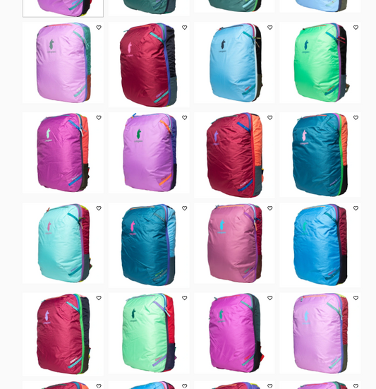 A grid of images displaying a collection of Cotopaxi Allpa 28L travel backpacks in various solid colors.
