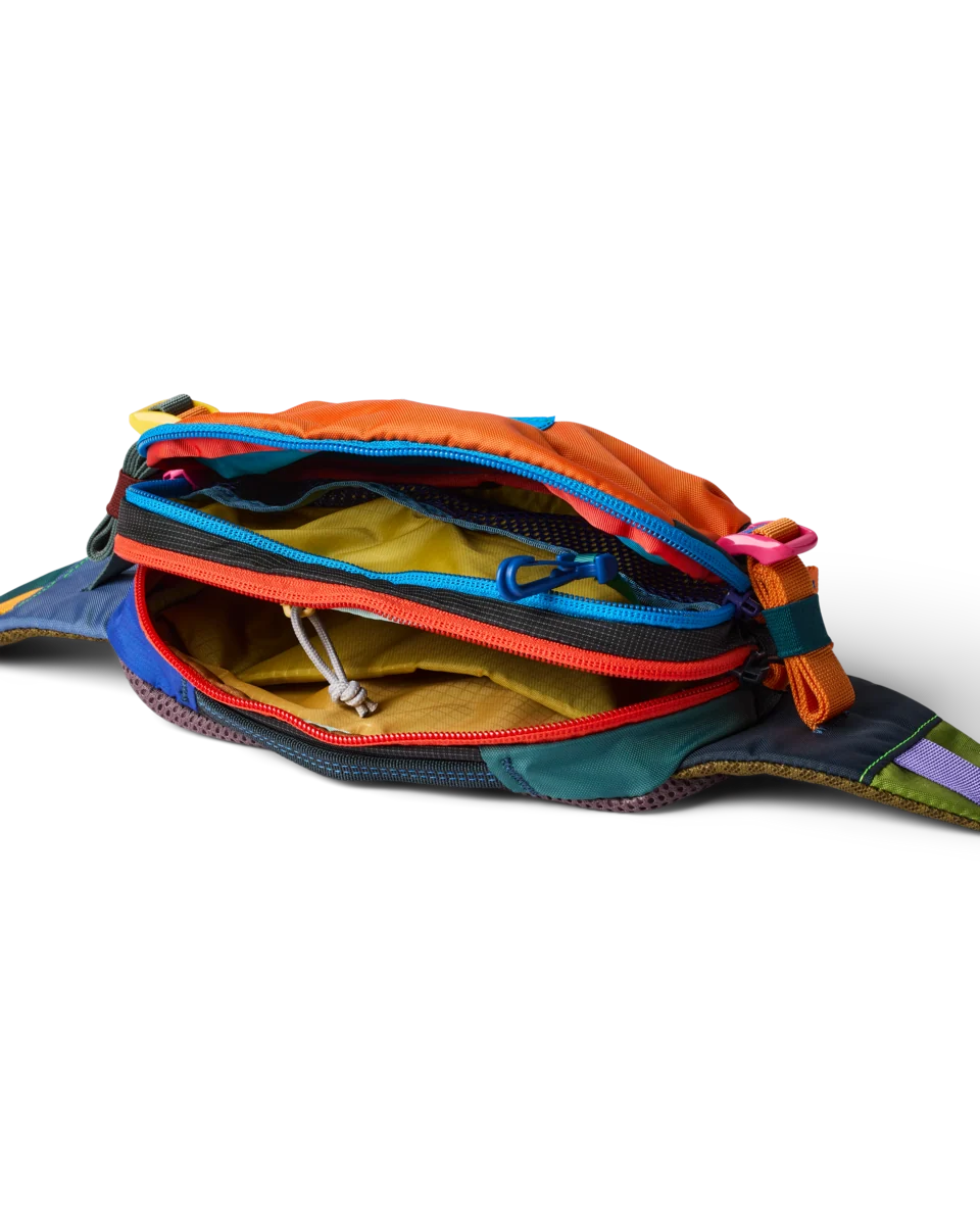 Multi coloured fanny pack with zippers open