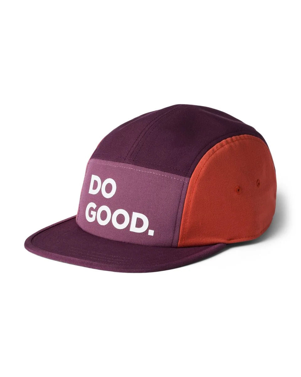A multi coloured hat with the words Do Good written on it 