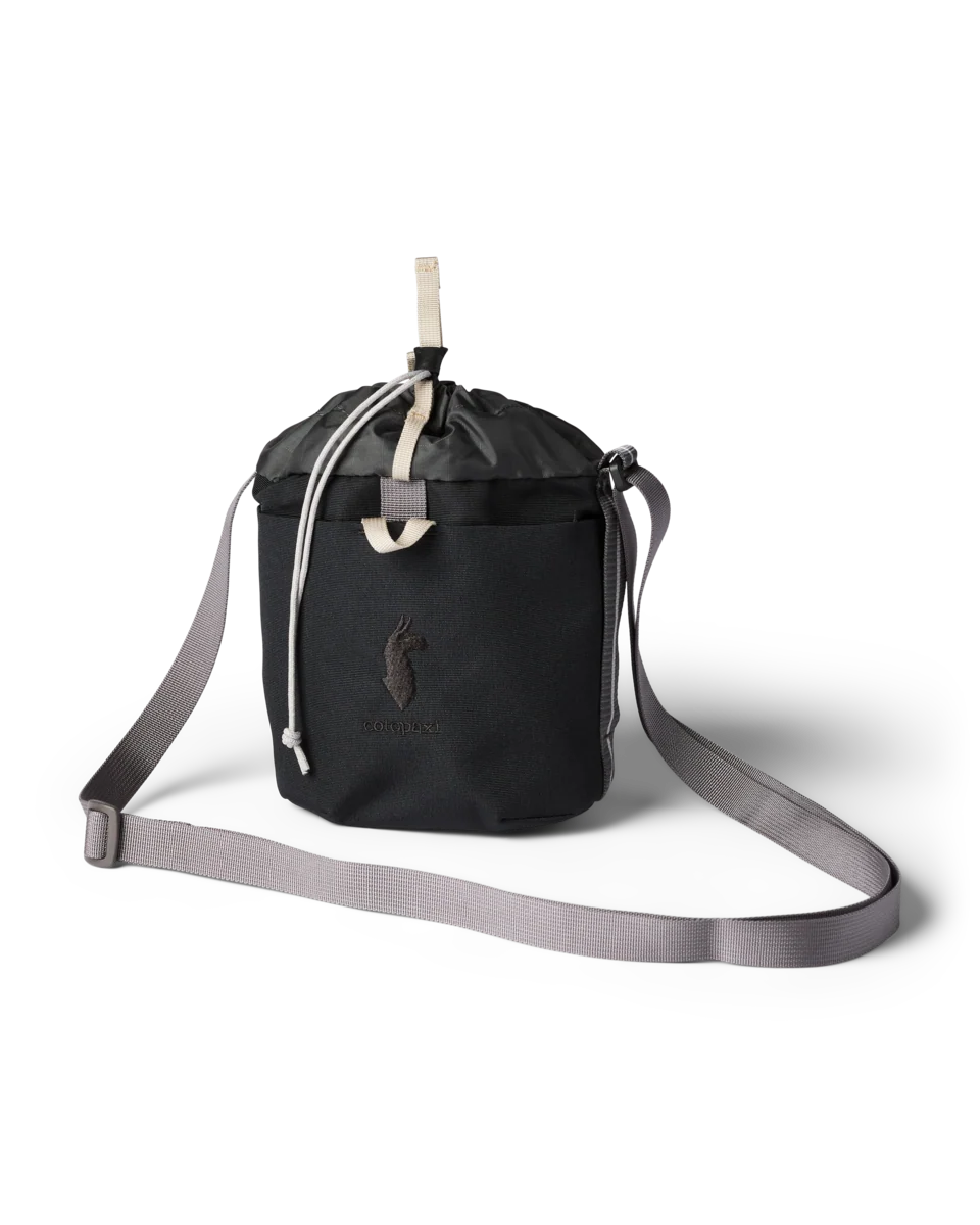 Black Bucket bag with grey strap in studio setting