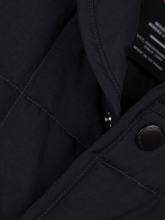 Close up look at buttons on a black puffer jacket