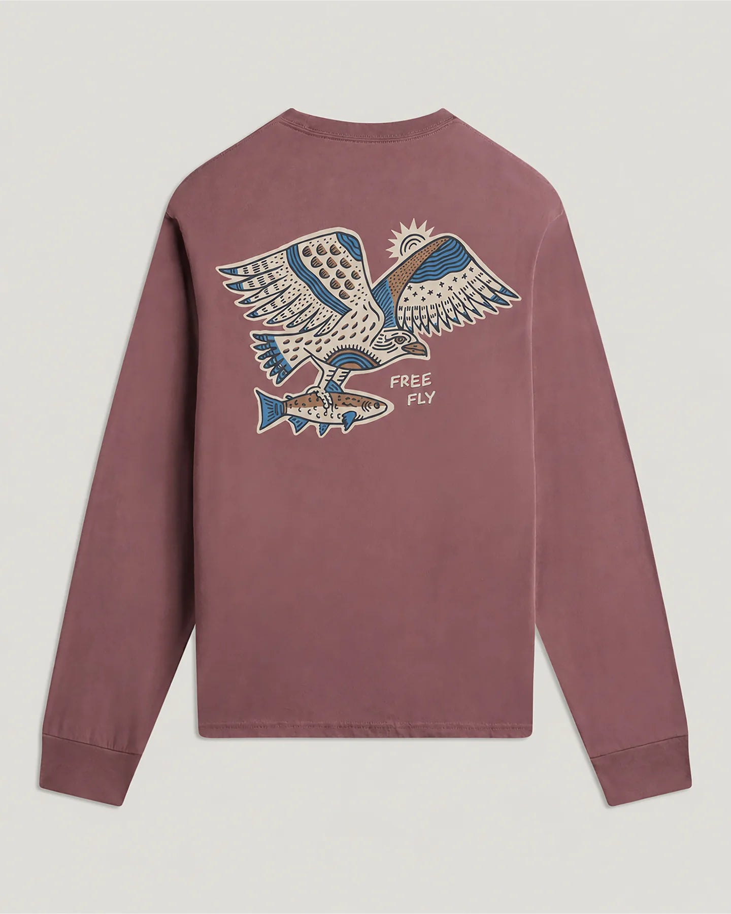 Free Fly Osprey Catch Long Sleeve A dusty rose long-sleeve crewneck sweatshirt shown from the back, featuring a large graphic of a flying eagle with a fish and the words 'FREE FLY' in blue, white, and black.