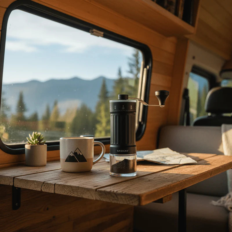 Grosche Tokio Manual Coffee Grinder Coffee grinder and mug on a wooden table with a scenic view outside the window