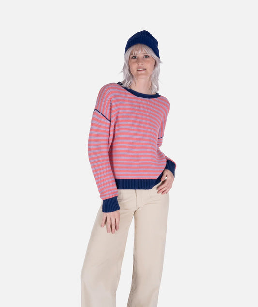 Jetty Supply Ella Striped Sweater pink with blue trim woven sweater.