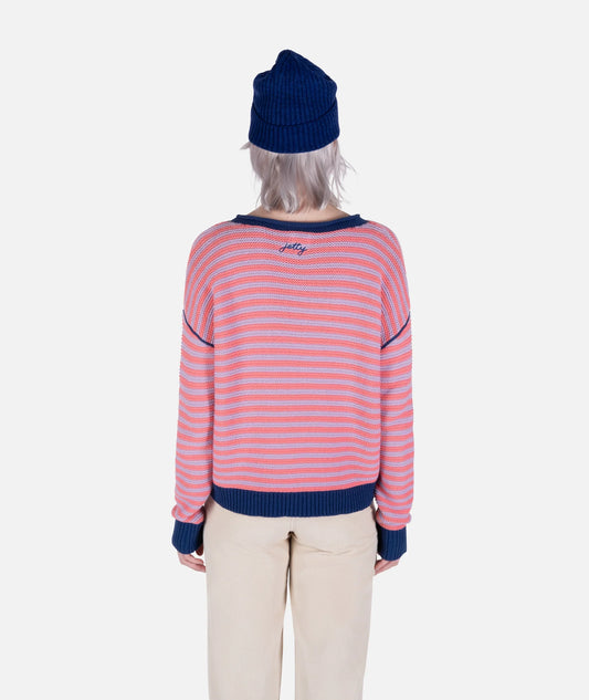 Jetty Supply Ella Striped Sweater pink with blue trim woven sweater.