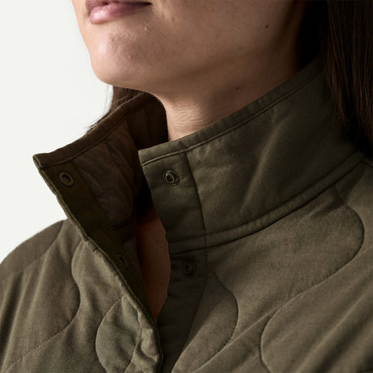 Close up of a womans collar on a quilted green sweater with snaps