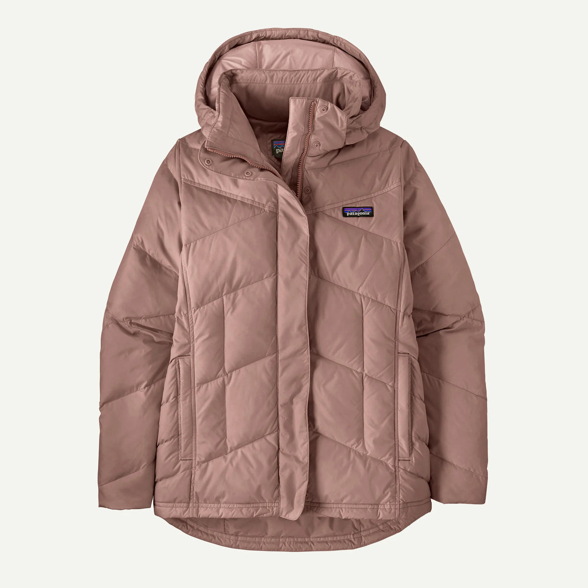 A mushroom coloured hooded down jacket on a white background.