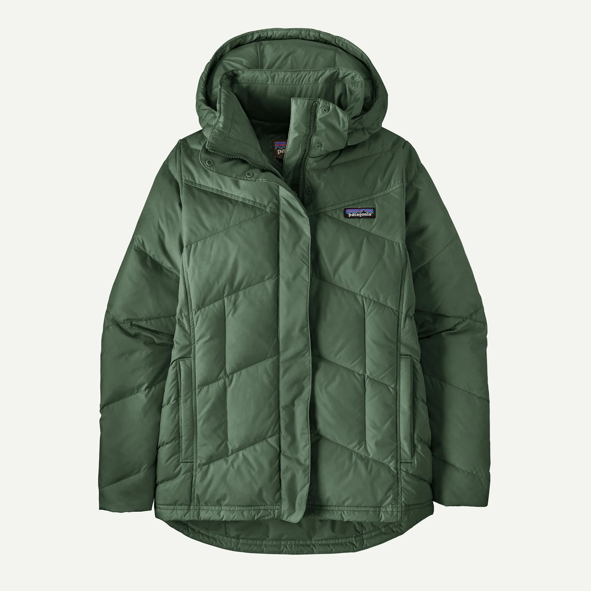 A green hooded down filled jacket on a white background. 