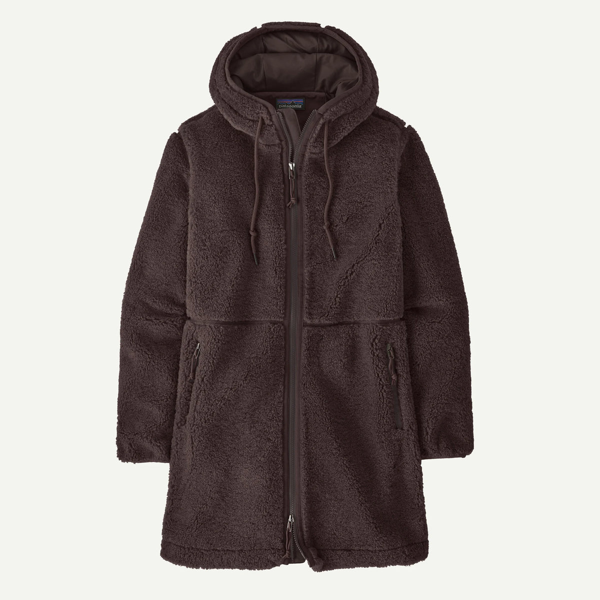 A full length hooded brown fleece jacket with pockets.
