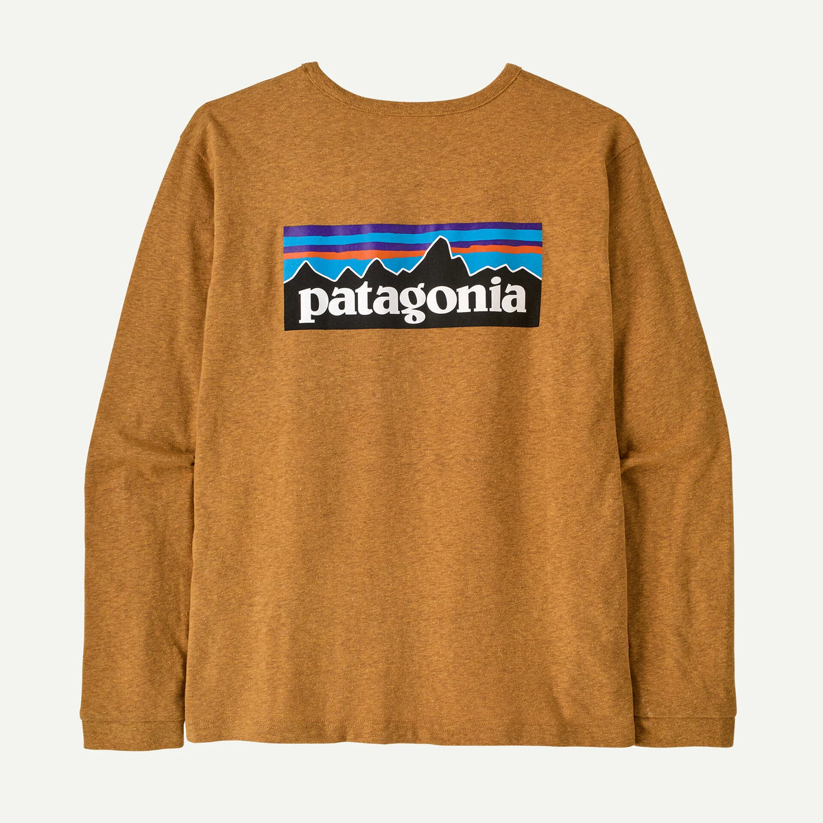 A mango coloured long sleeve t shirt with the patagonia logo on it in a white background