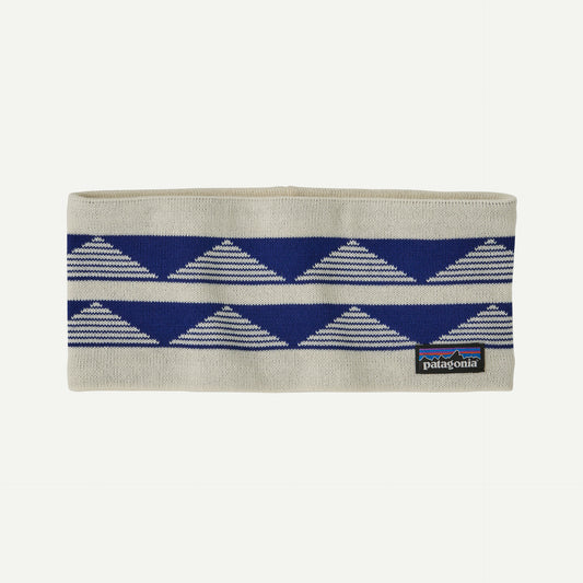 A blue and white printed headband on a white background.