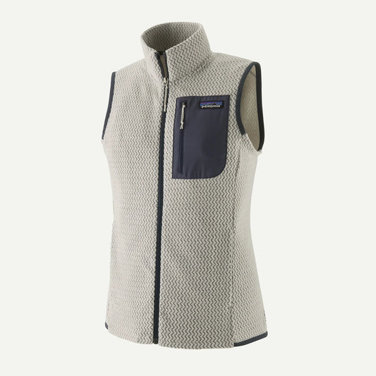 Patagonia R1 Vest an image of a woman's vest with front zip and blue front pocket.