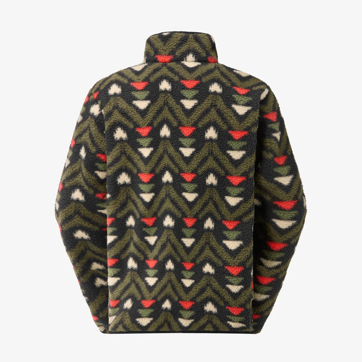 the back view of a green and red printed fleece on a white background.