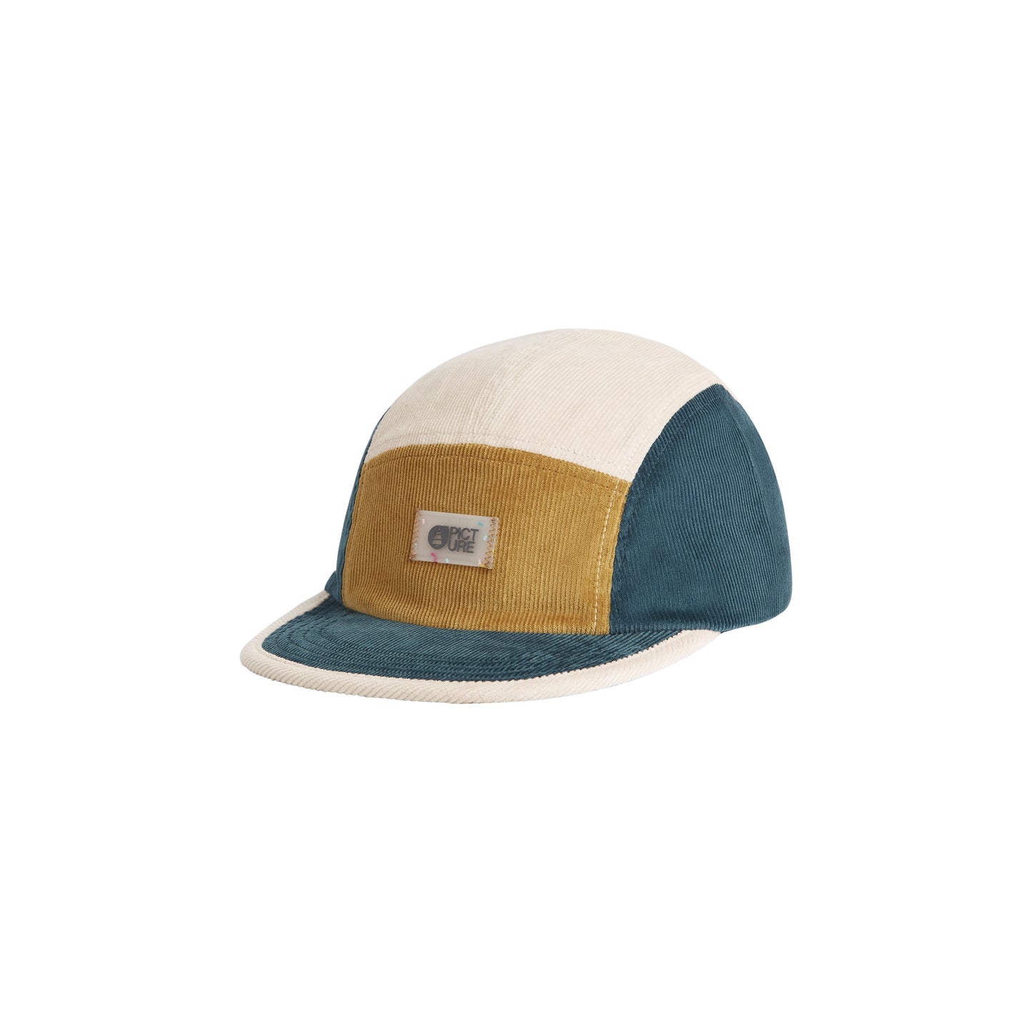 Picture Organic Patchwork Cap A 5-panel camp cap with a color-blocked design featuring cream, mustard yellow corduroy, and teal blue panels, with a small square brand patch on the front.