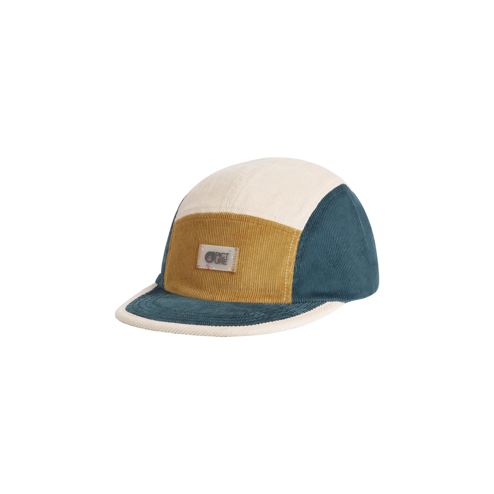 Picture Organic Patchwork Cap A 5-panel camp cap with a color-blocked design featuring cream, mustard yellow corduroy, and teal blue panels, with a small square brand patch on the front.