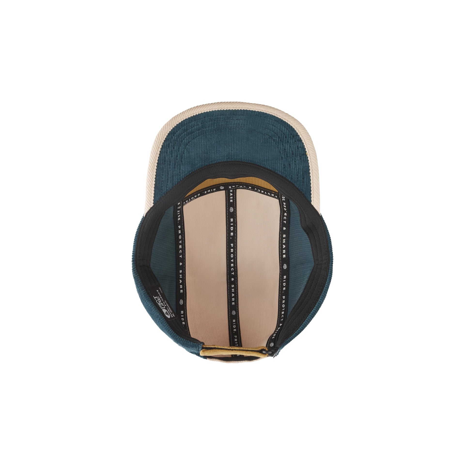 Picture Organic Patchwork Cap Top-down view of a trucker cap with a teal blue front panel, beige mesh back, black adjustable strap with white text, and a gold metal slider.