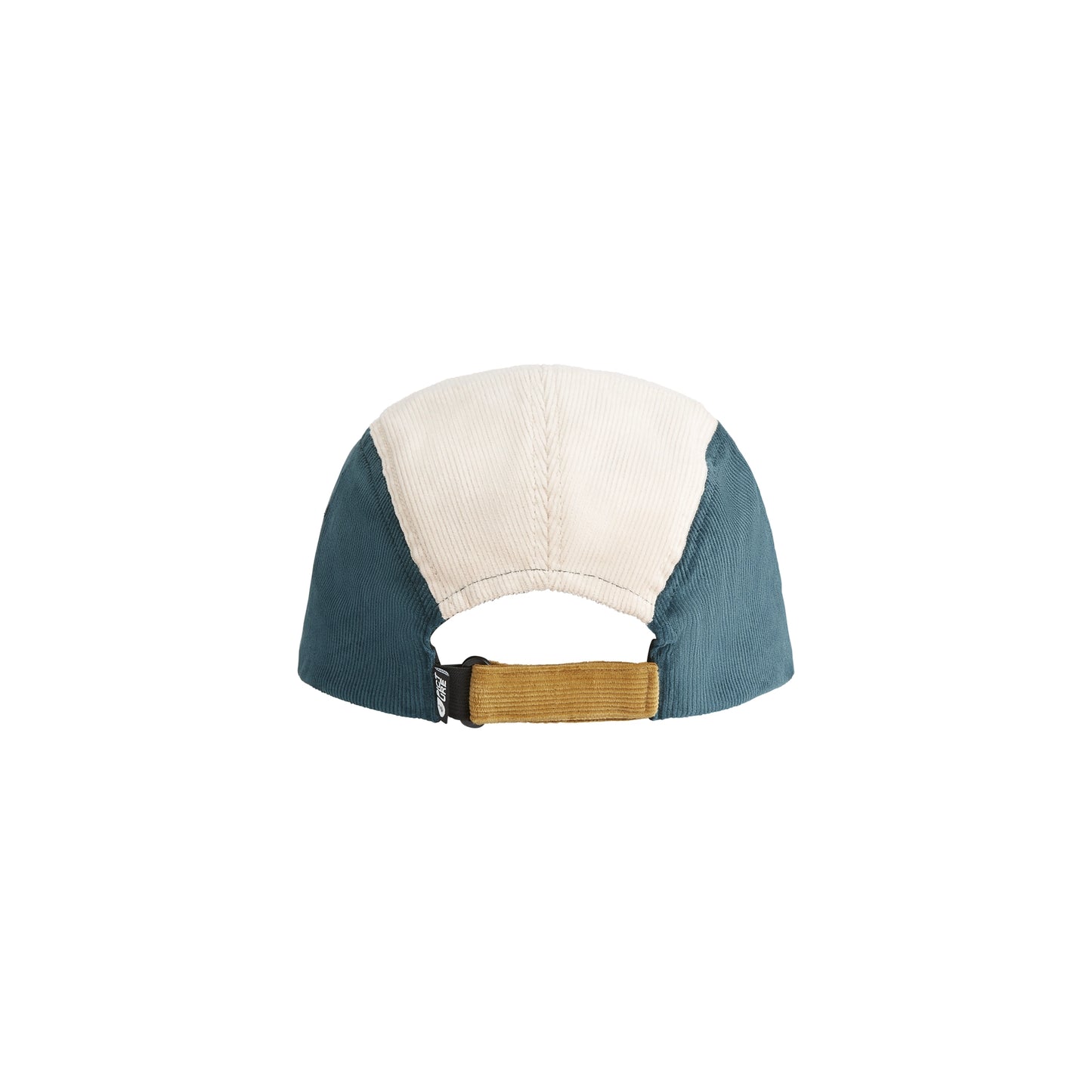 Picture Organic Patchwork Cap Back view of a colorblock baseball cap featuring an off-white corduroy crown, teal blue side panels, and a natural wood toggle on a white background.