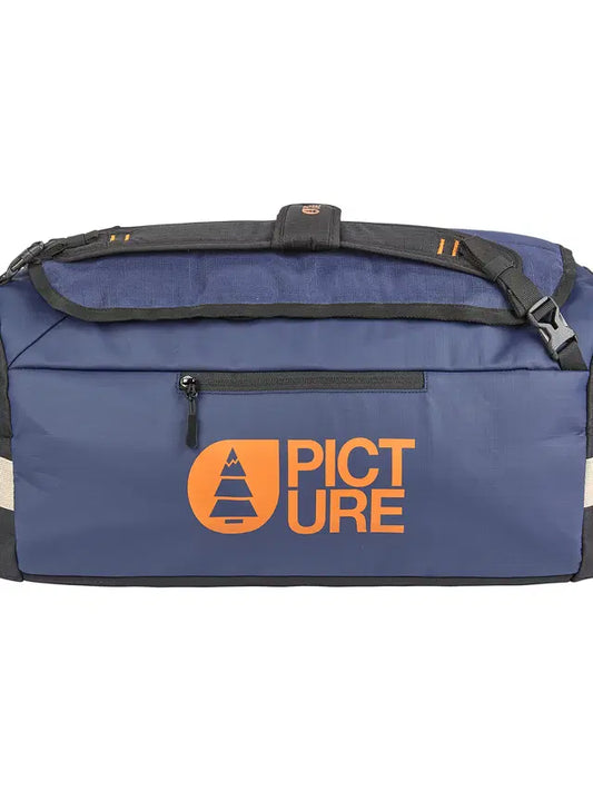 Picture Organic Wildpath 40L Duffle A blue and black duffel bag with a prominent orange 'PICTURE' logo on the front, set against a plain white background.