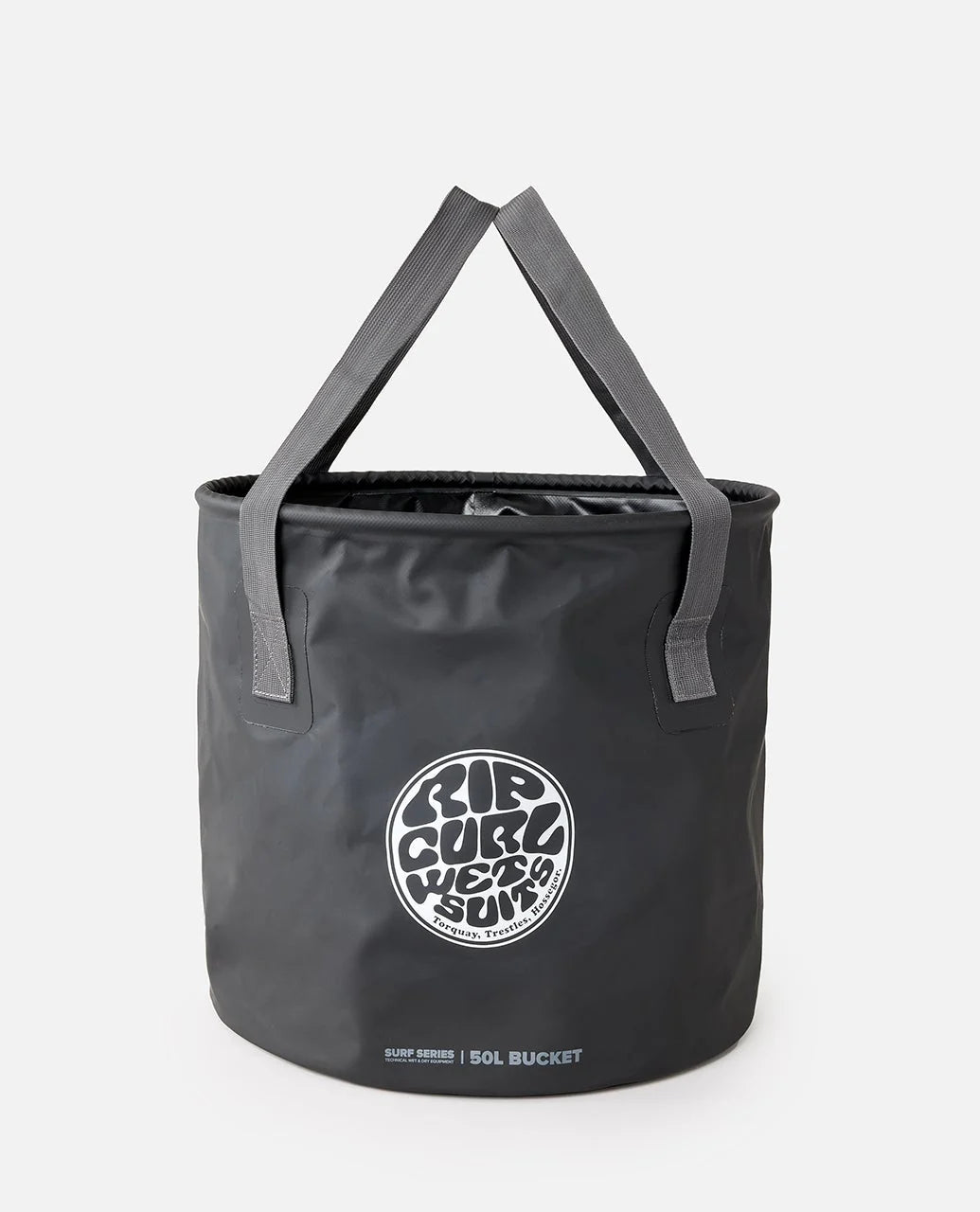 Rip Curl 50L Bucket Black bucket bag with a logo on a white background