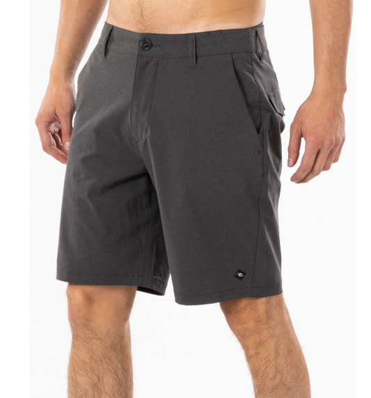 Rip Curl Boardwalk Phase 19 Short A pair of black Rip Curl Boardwalk Phase shorts with a 19-inch outseam, featuring fabric dye and tortoise shell buttons.