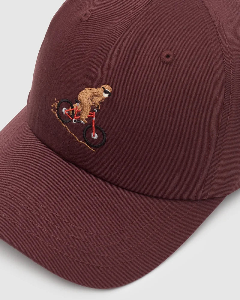 Tentree Sasquatch Peak Hat A close-up of a maroon baseball cap featuring an embroidered graphic of a brown bear riding a red bicycle on the front panel, set against a light gray background.