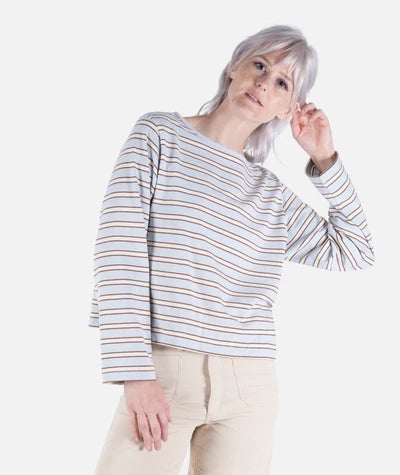 The Hollis Striped Heavyweight Long Sleeve Person wearing a striped long-sleeve shirt on a white background