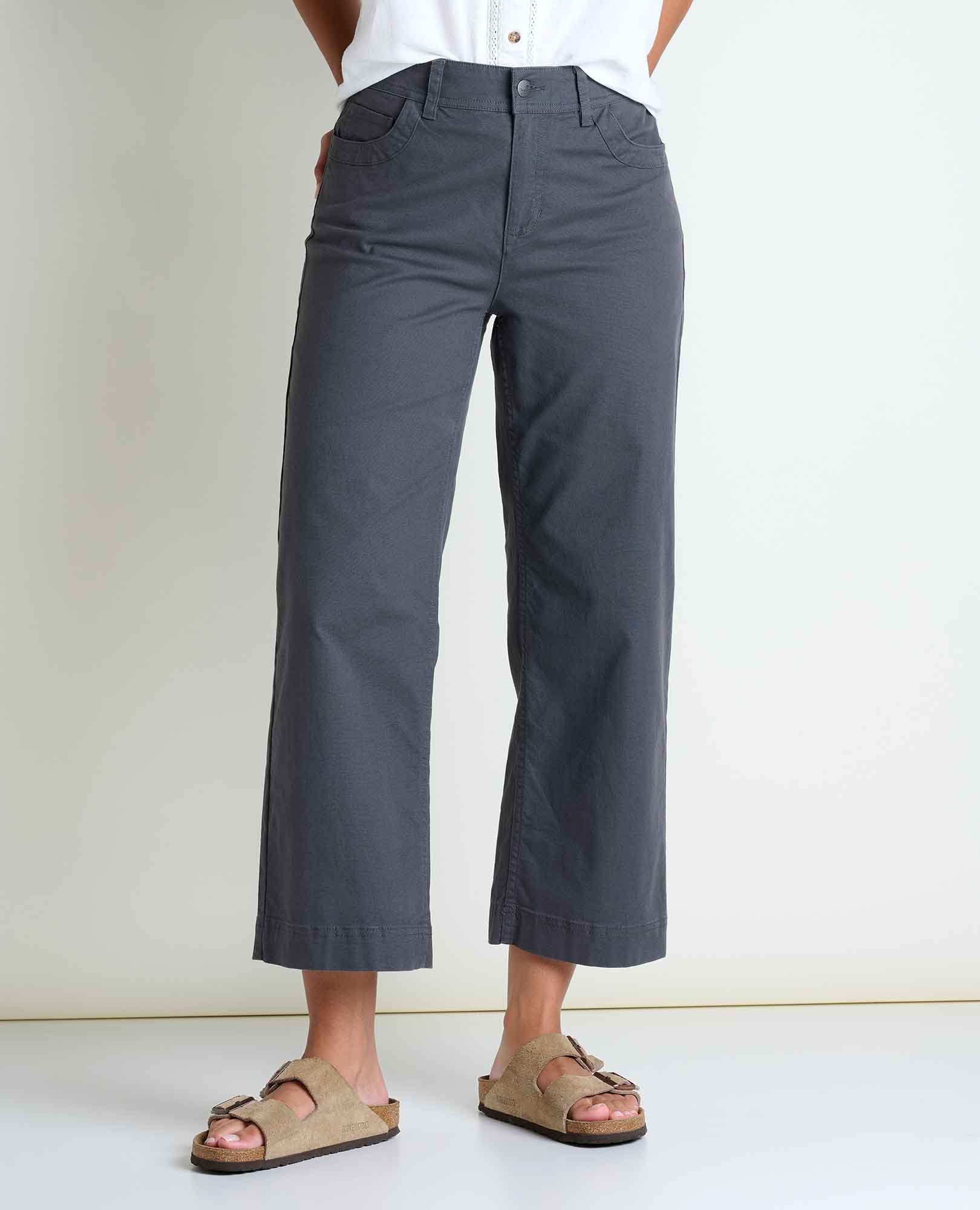 Toad and Co Earthworks Wide Leg Crop Pant Soot Person wearing gray pants and sandals on a white background