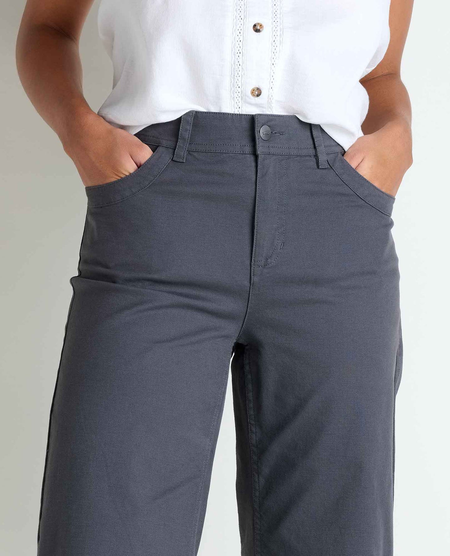 Toad and Co Earthworks Wide Leg Crop Pant Soot Person wearing gray pants with a white shirt on a plain background