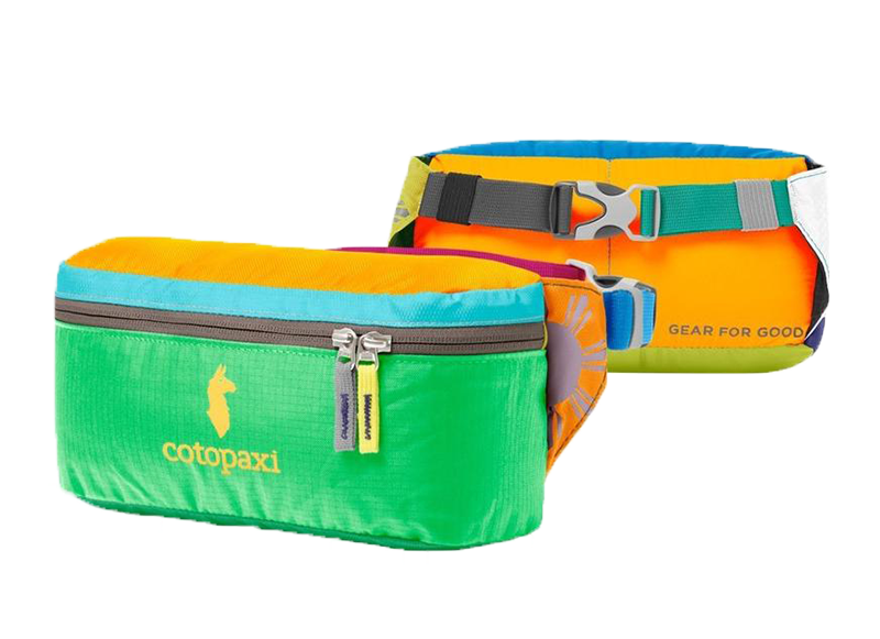 Cotopaxi Bataan Fanny Pack in green with orange and blue accents, featuring the brand's logo and designed with an adjustable hip belt and zipper closure.