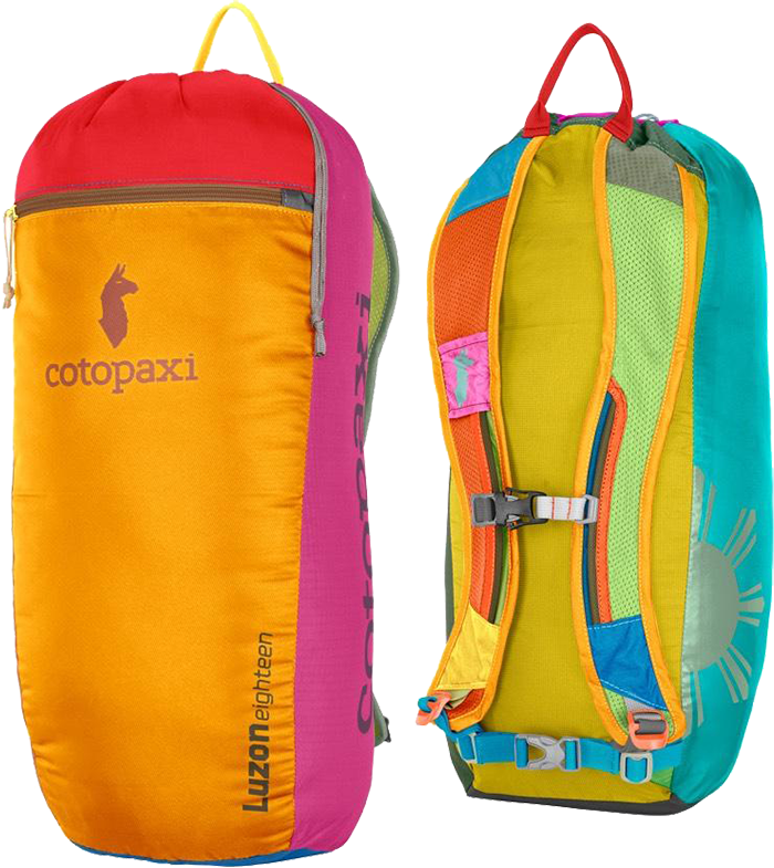 A front and back view of a Cotopaxi Luzon 18L Del Dia backpack, featuring a vibrant orange front and blue back with mesh shoulder straps.
