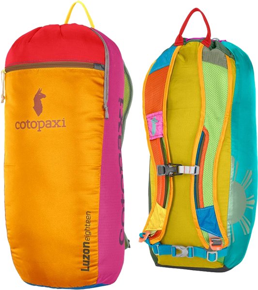 A front and back view of a Cotopaxi Luzon 18L Del Dia backpack, featuring a vibrant orange front and blue back with mesh shoulder straps.